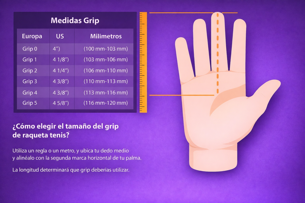 Tabla para medir el tamaño de grip de una raqueta