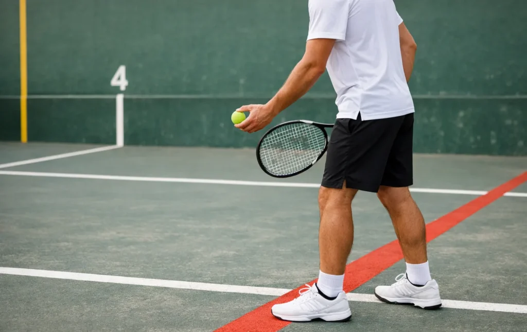 Jugador de frontenis con raqueta y pelota en la cancha