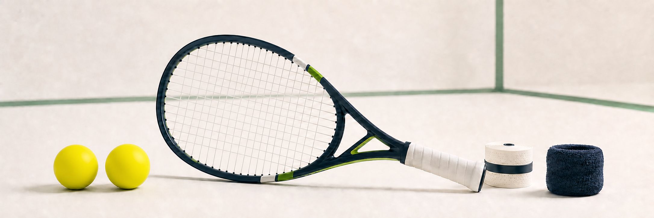 Raqueta, pelotas amarillas lisas, grip y muñequera de frontenis