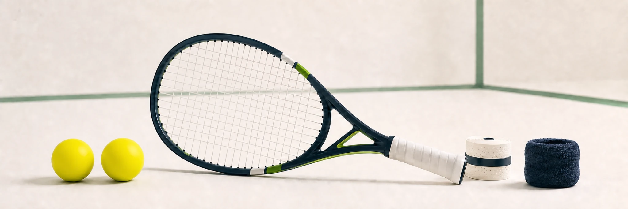 Raqueta, pelotas amarillas lisas, grip y muñequera de frontenis