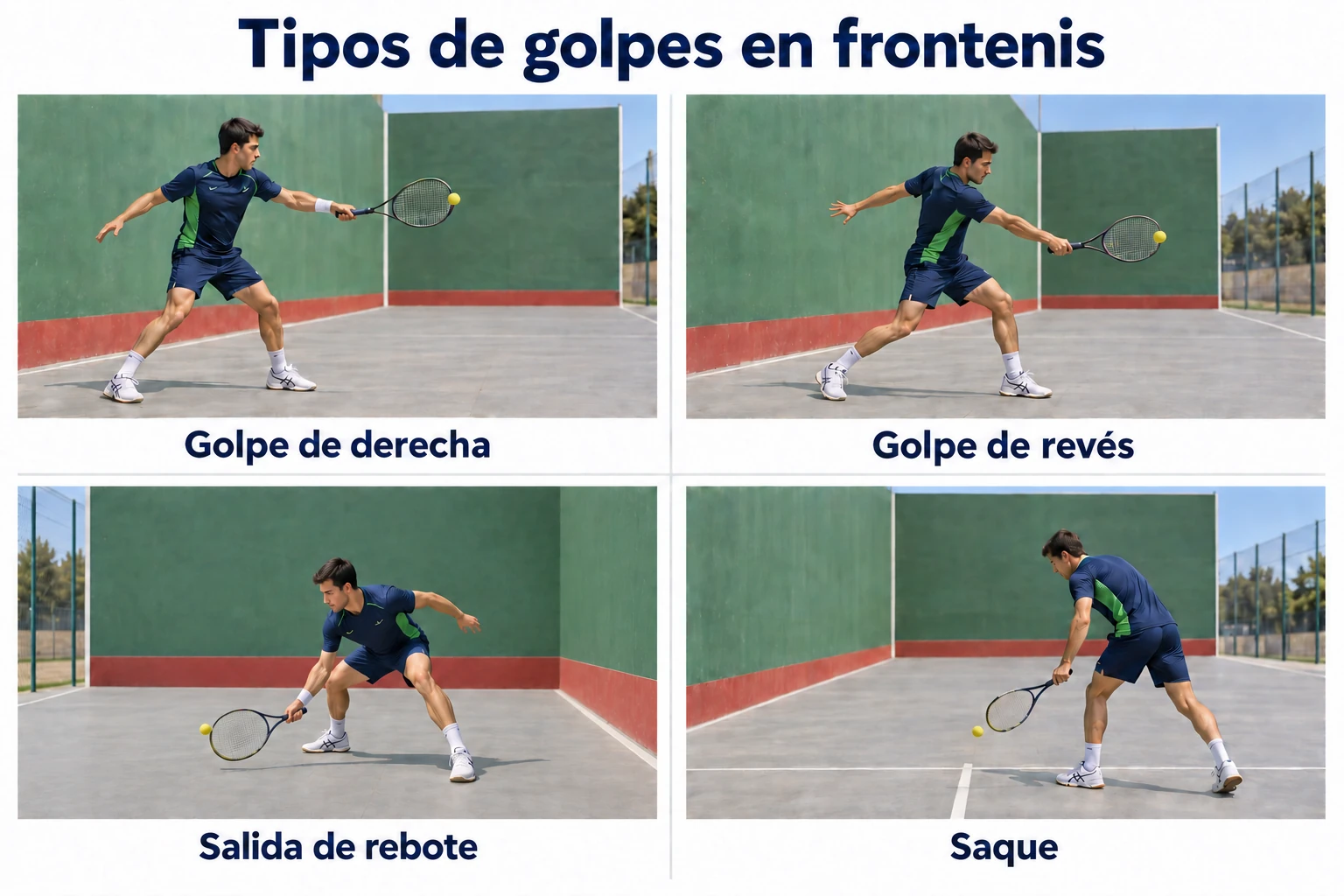 Infografía de los principales golpes de frontenis: derecha, revés, salida de rebote y saque